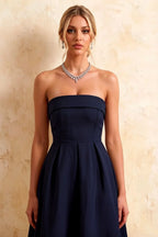 Gwen Navy Blue Strapless Midi Dress | Elegant Pleated Cocktail Gown