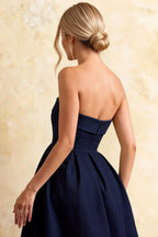 Gwen Navy Blue Strapless Midi Dress | Elegant Pleated Cocktail Gown