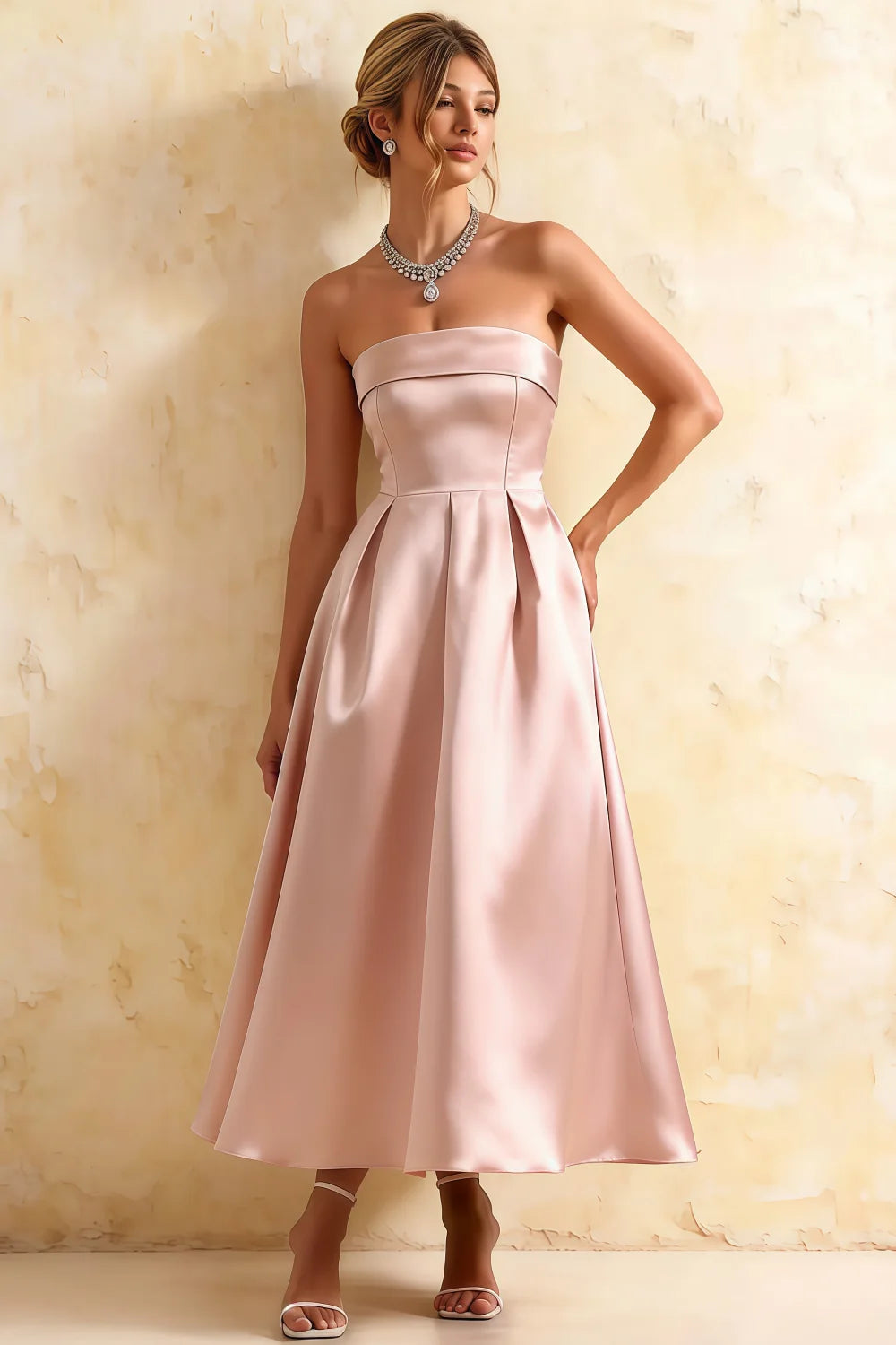 Gwen Pink Strapless Midi Dress | Elegant Pleated Cocktail Dress