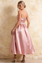 Gwen Pink Strapless Midi Dress | Elegant Pleated Cocktail Dress