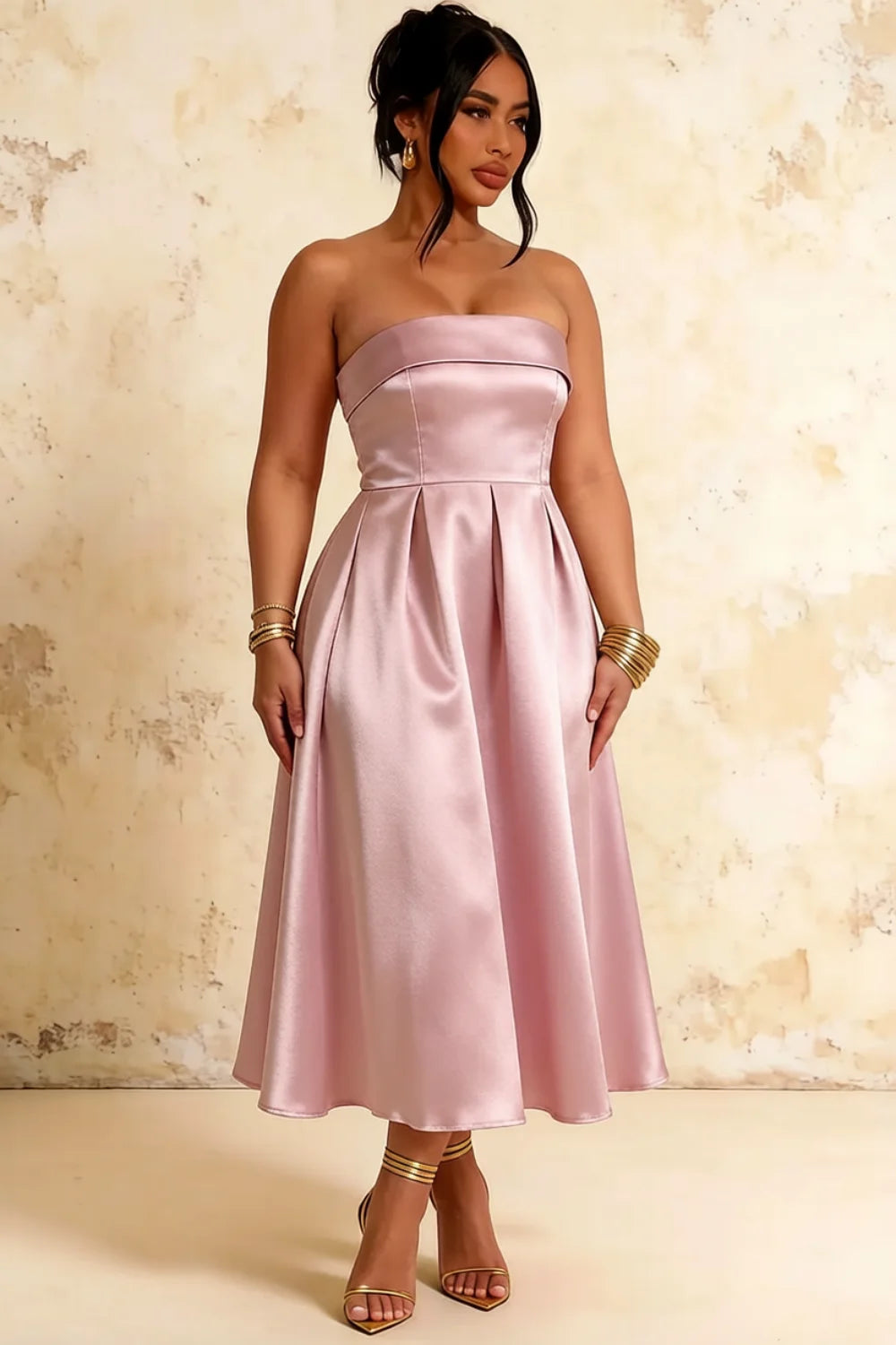 Gwen Pink Strapless Midi Dress | Elegant Pleated Cocktail Dress