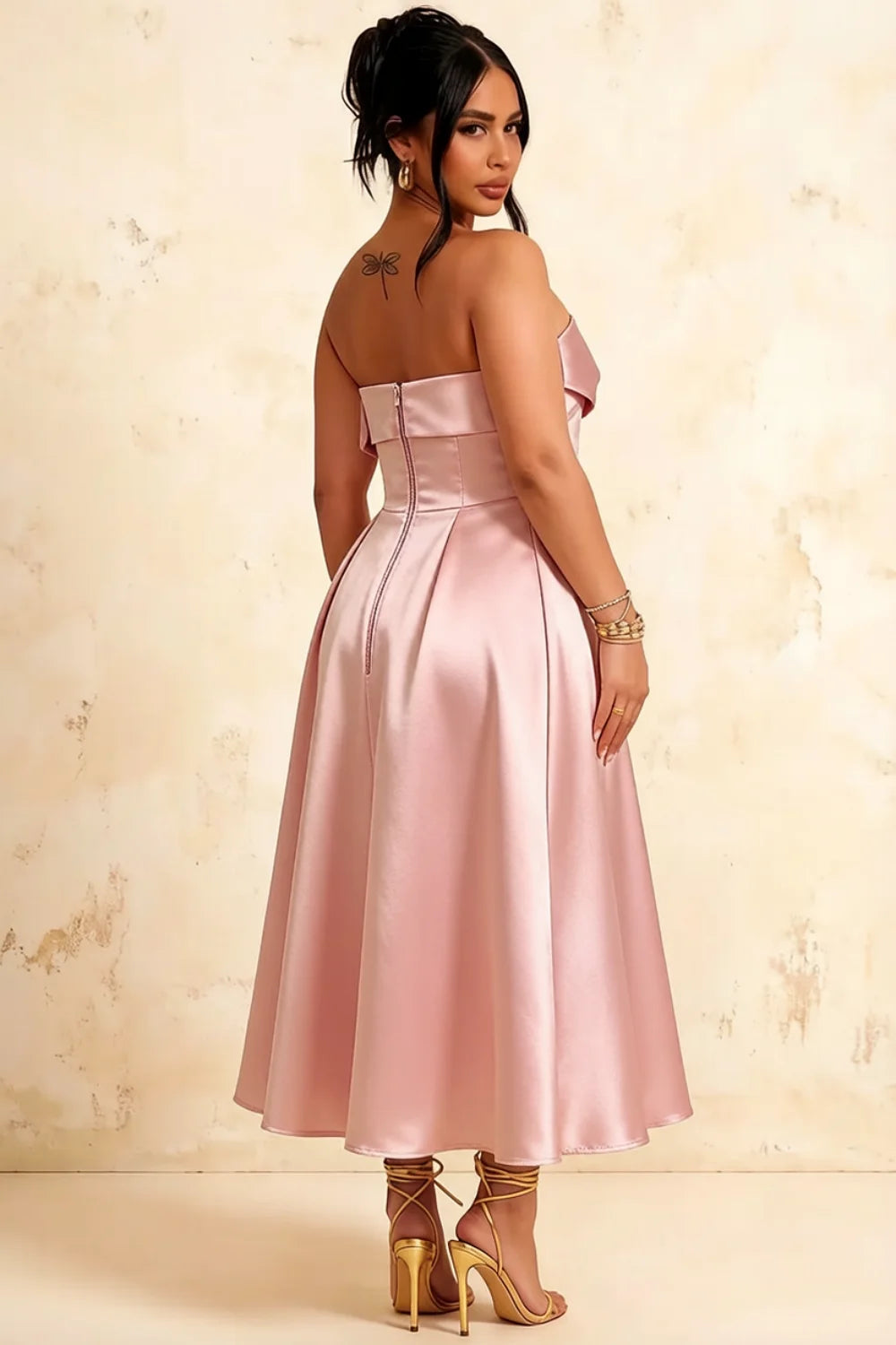 Gwen Pink Strapless Midi Dress | Elegant Pleated Cocktail Dress