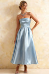 Gwen Powder Blue Lady Strapless Midi Dress | Elegant Party