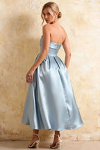Gwen Powder Blue Lady Strapless Midi Dress | Elegant Party