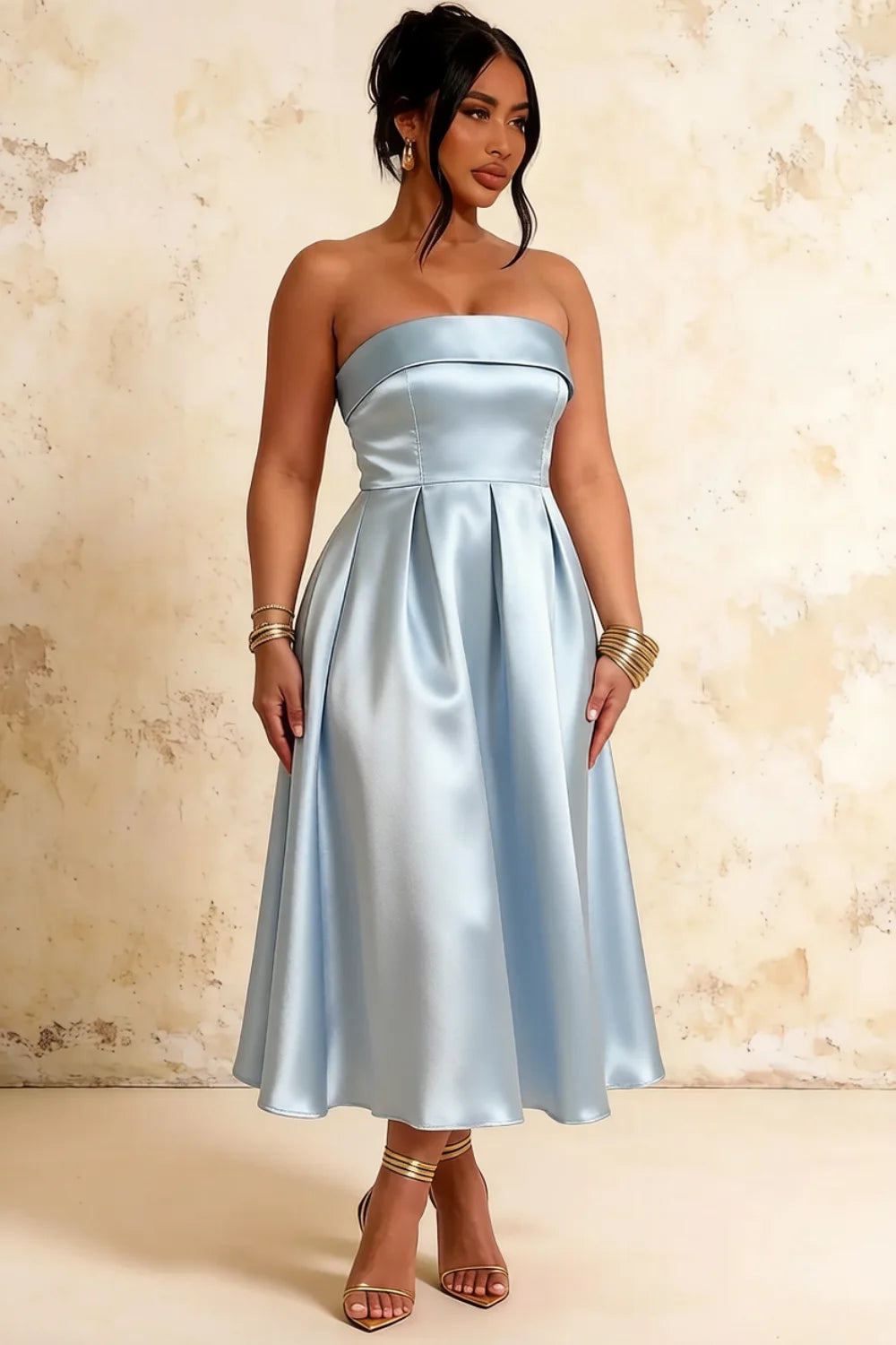 Gwen Powder Blue Lady Strapless Midi Dress | Elegant Party