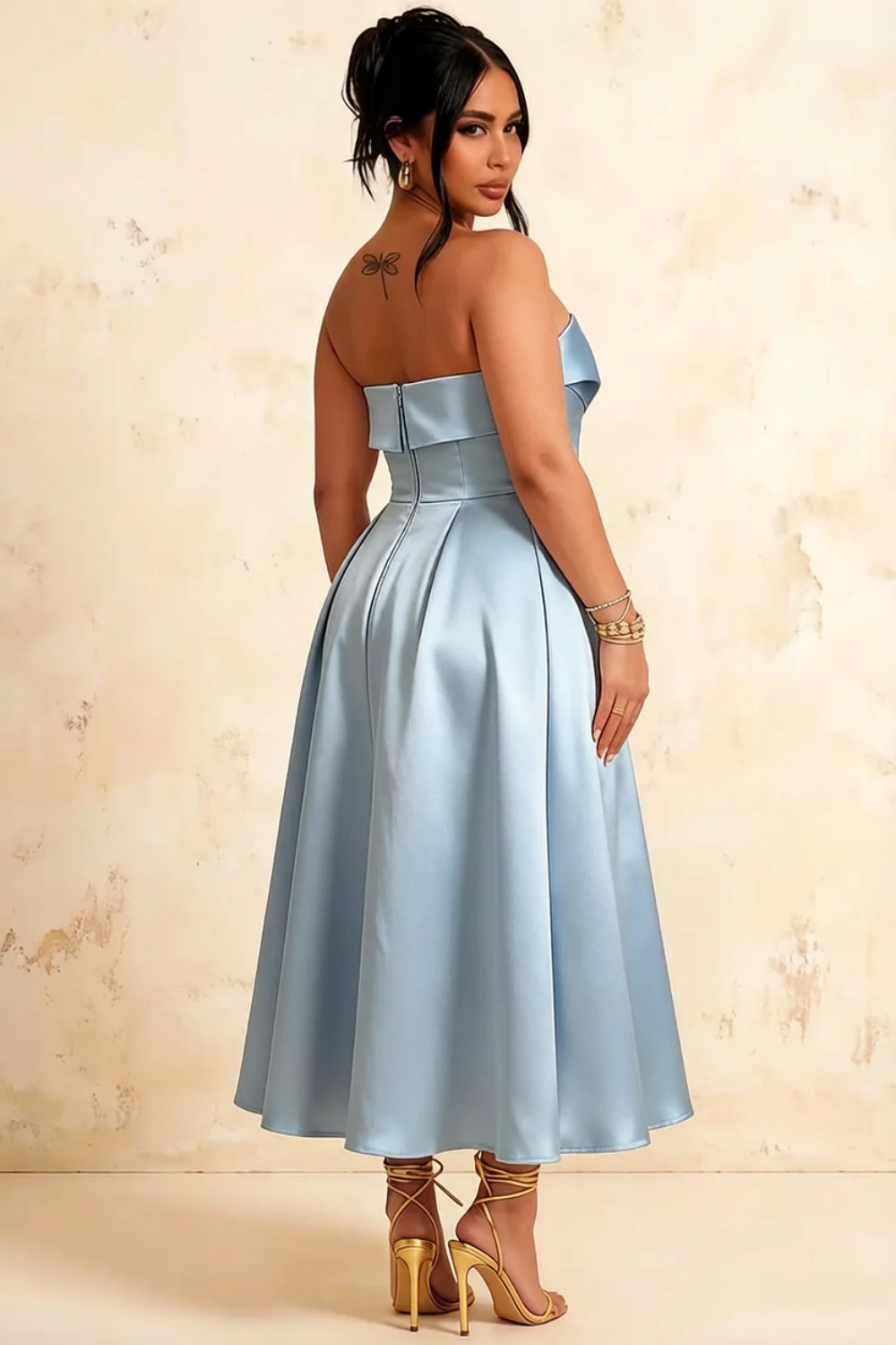 Gwen Powder Blue Lady Strapless Midi Dress | Elegant Party