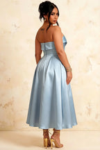 Gwen Powder Blue Lady Strapless Midi Dress | Elegant Party