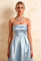 Gwen Powder Blue Lady Strapless Midi Dress | Elegant Party