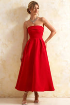 Gwen Red Strapless Midi Dress | Elegant Pleated A-Line Party Dress