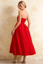 Gwen Red Strapless Midi Dress | Elegant Pleated A-Line Party Dress