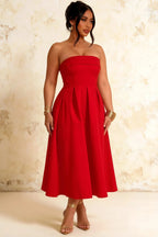 Gwen Red Strapless Midi Dress | Elegant Pleated A-Line Party Dress