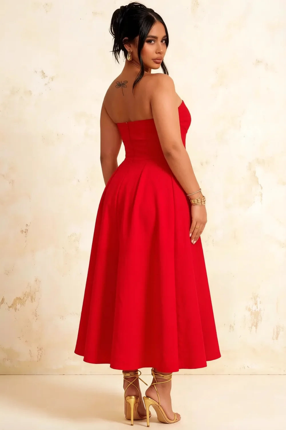 Gwen Red Strapless Midi Dress | Elegant Pleated A-Line Party Dress