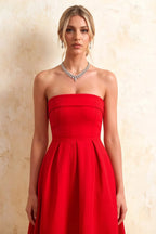 Gwen Red Strapless Midi Dress | Elegant Pleated A-Line Party Dress