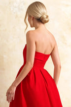 Gwen Red Strapless Midi Dress | Elegant Pleated A-Line Party Dress