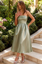 Gwen Sage Green Strapless Fit and Flare Midi Dress