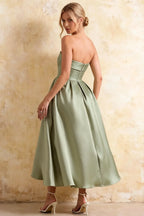 Gwen Sage Green Strapless Fit and Flare Midi Dress