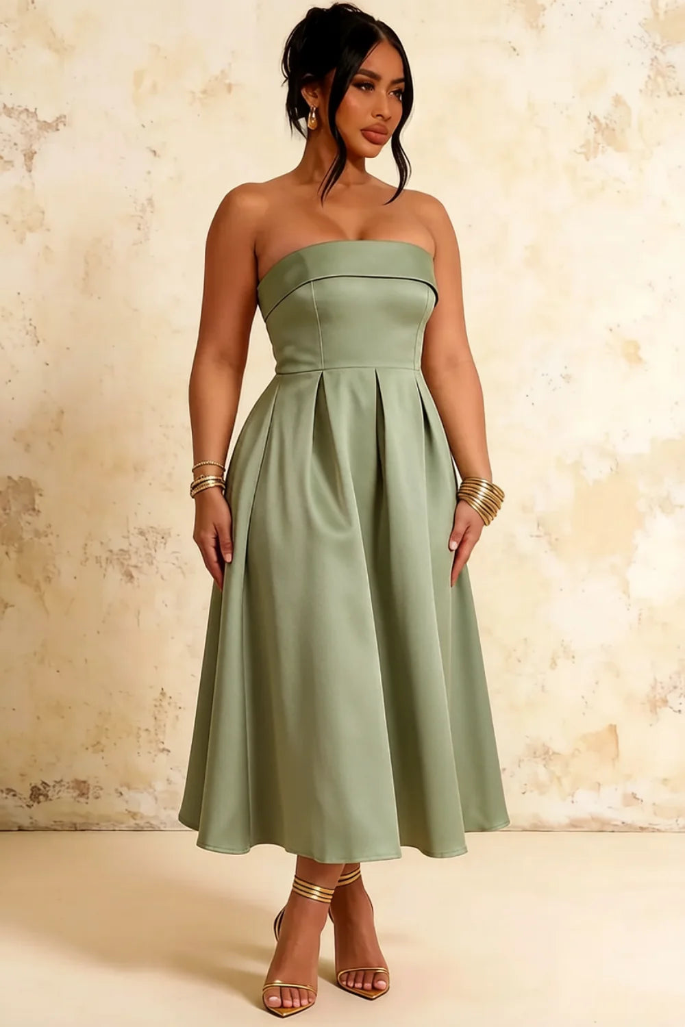 Gwen Sage Green Strapless Fit and Flare Midi Dress