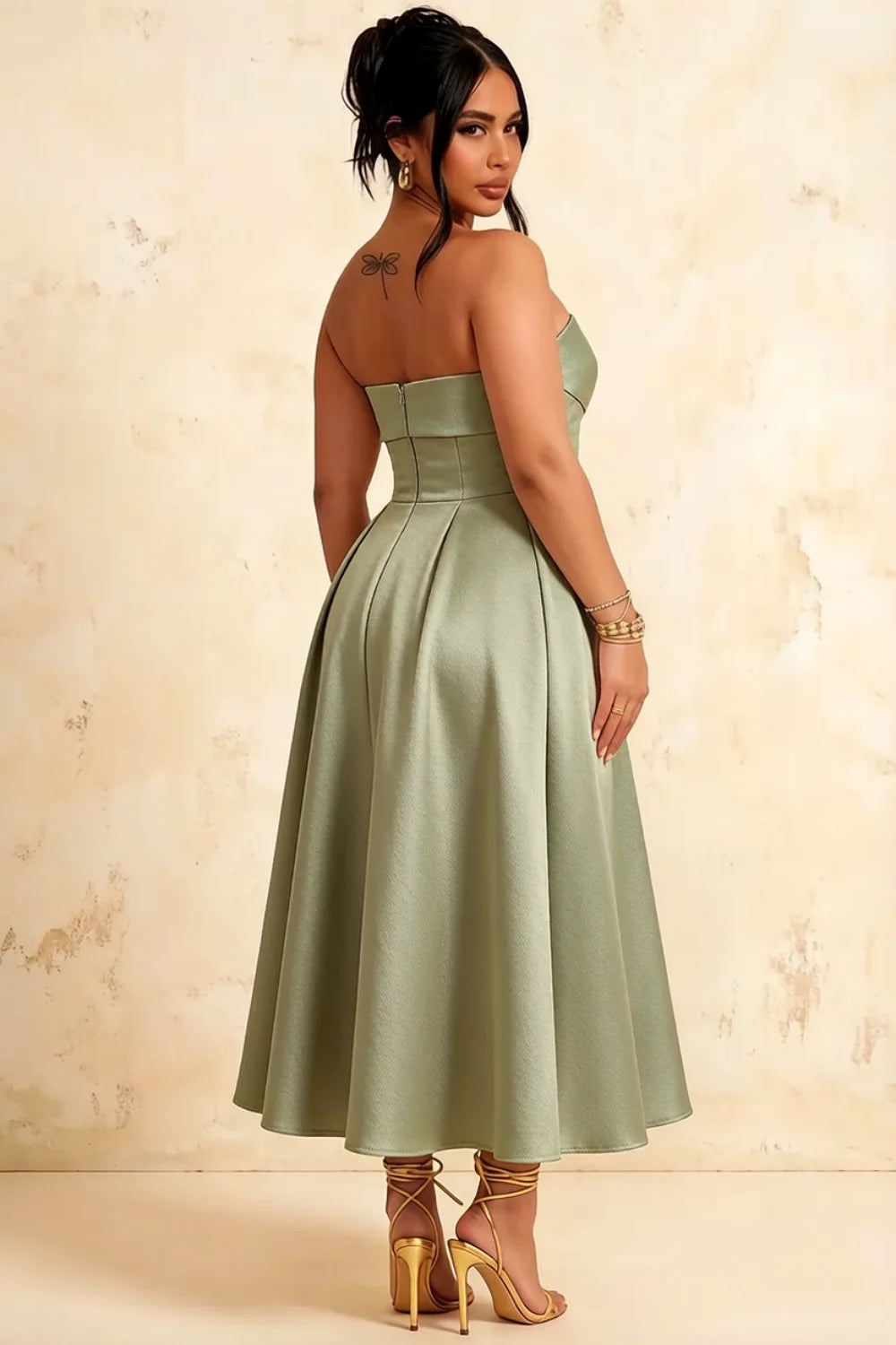 Gwen Sage Green Strapless Fit and Flare Midi Dress