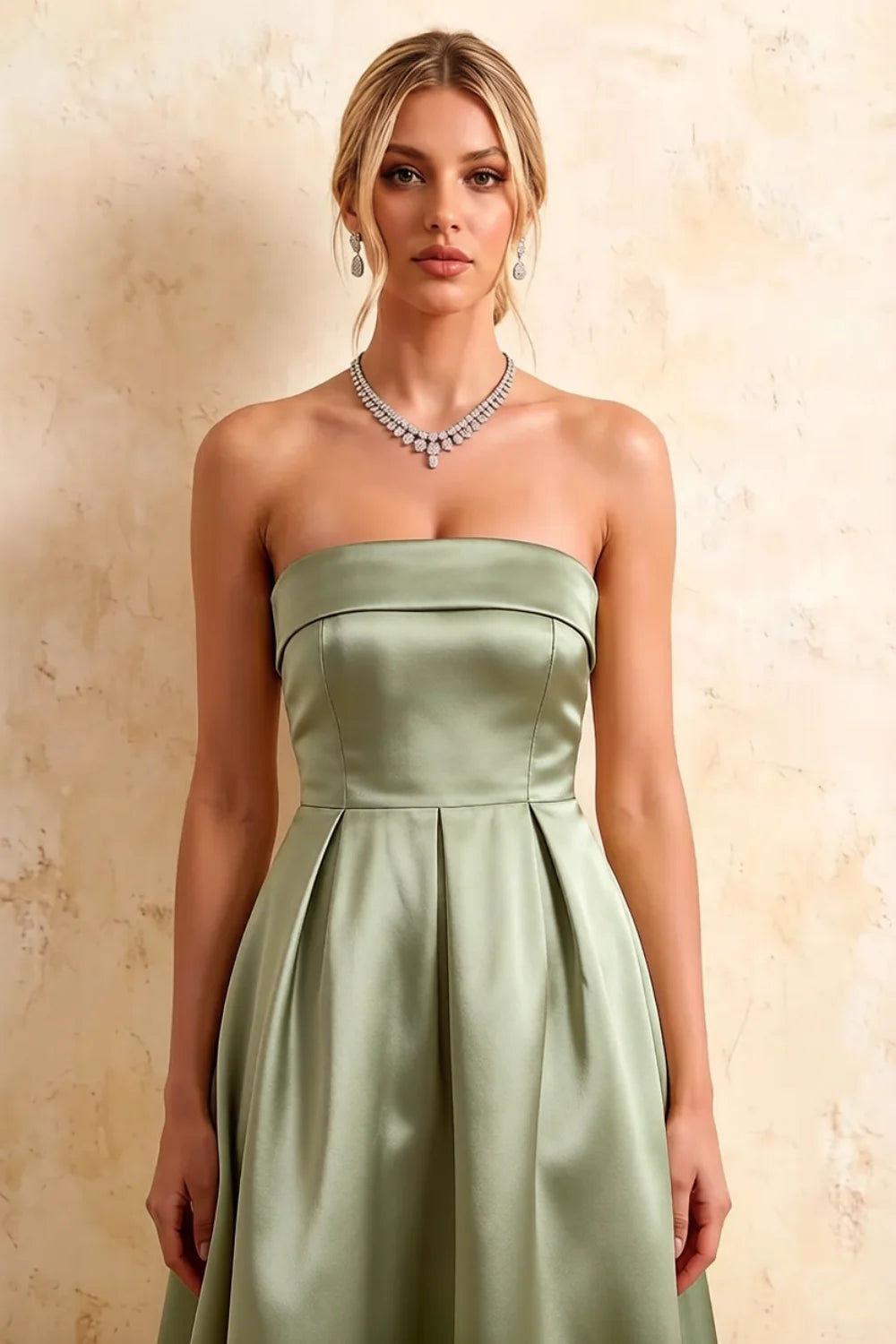 Gwen Sage Green Strapless Fit and Flare Midi Dress