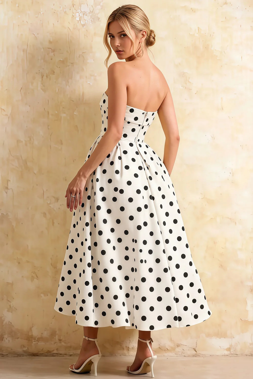 Gwen White Polka Dot Talena Strapless Midi Dress