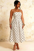 Gwen White Polka Dot Talena Strapless Midi Dress