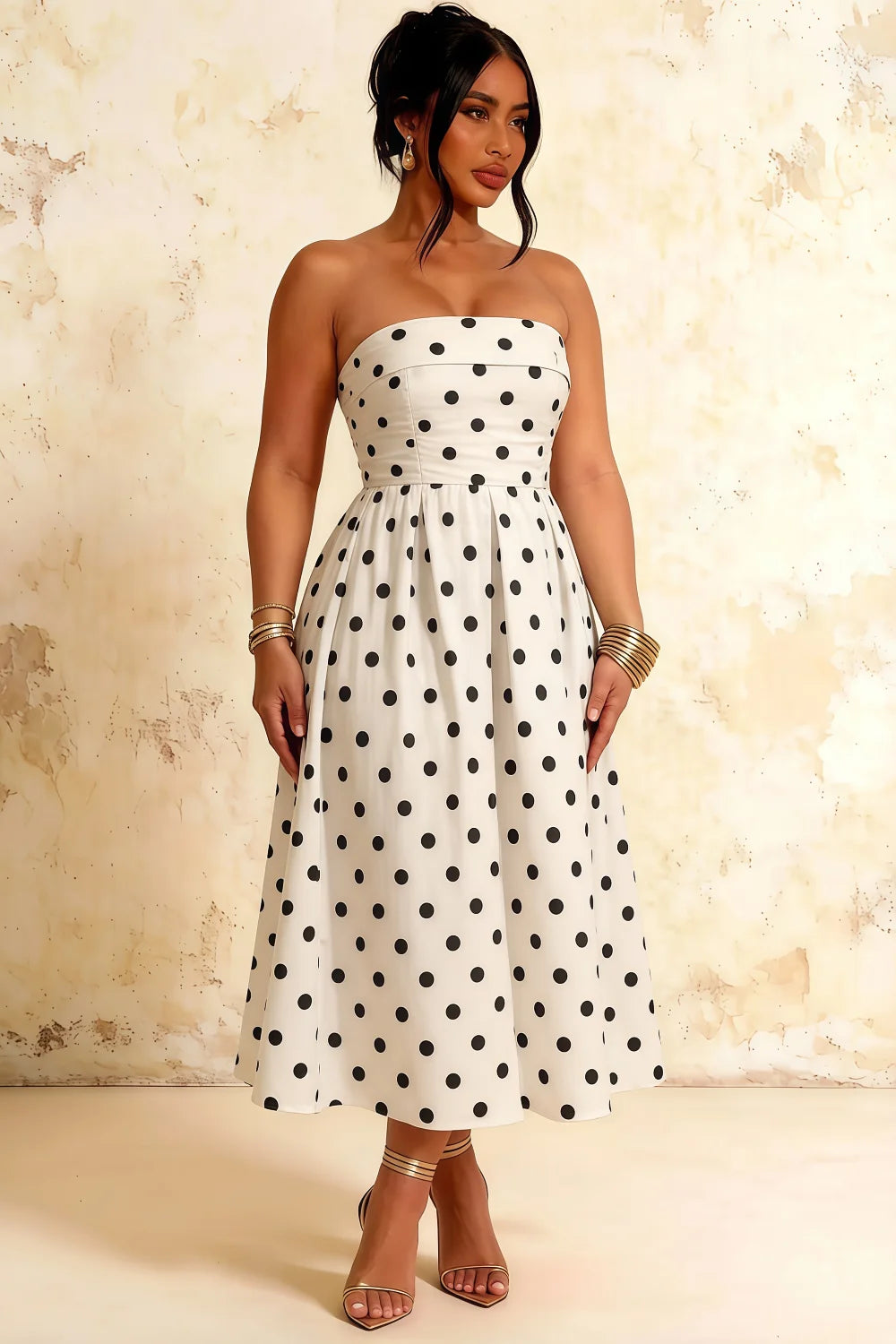 Gwen White Polka Dot Talena Strapless Midi Dress