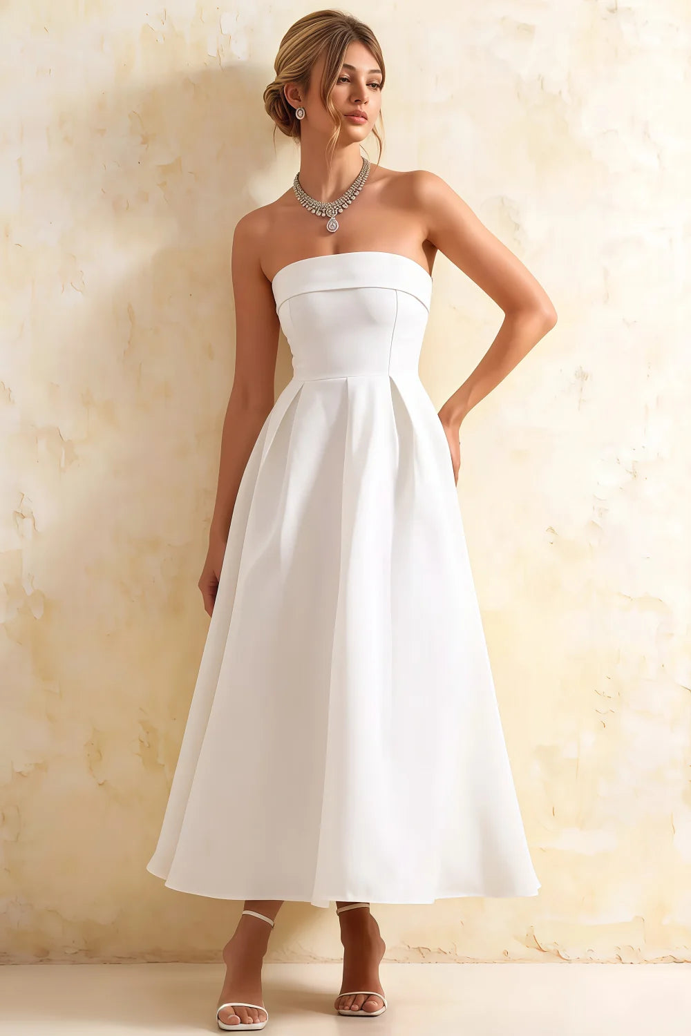 Gwen White Strapless Midi Dress | Elegant Skater Style Main image