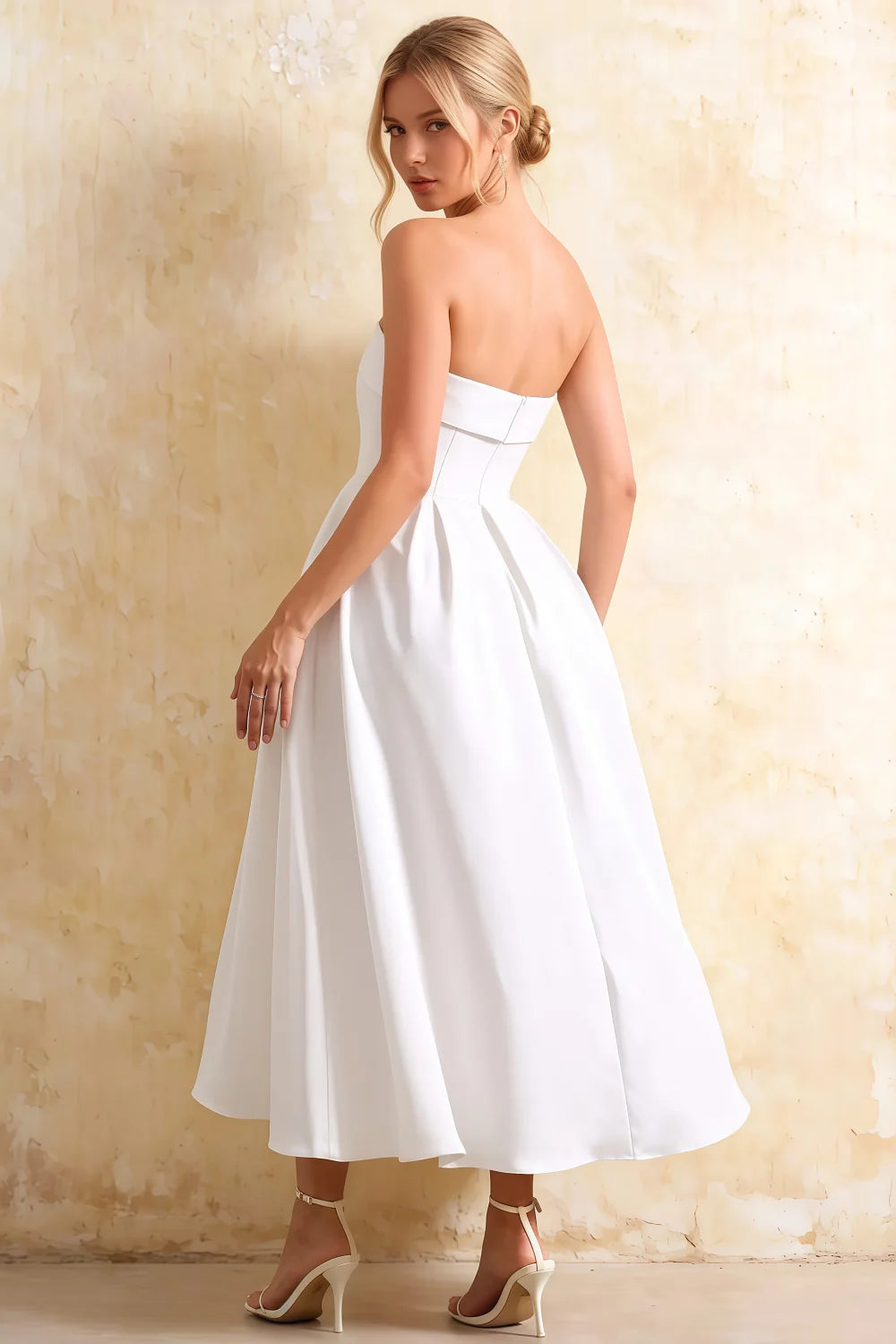 Gwen White Strapless Midi Dress | Elegant Skater Style