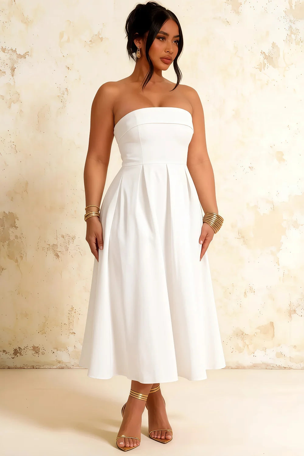 Gwen White Strapless Midi Dress | Elegant Skater Style