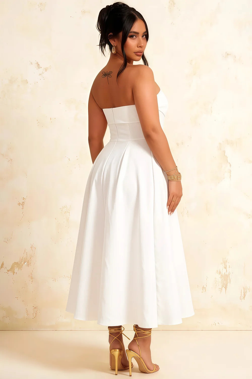 Gwen White Strapless Midi Dress | Elegant Skater Style