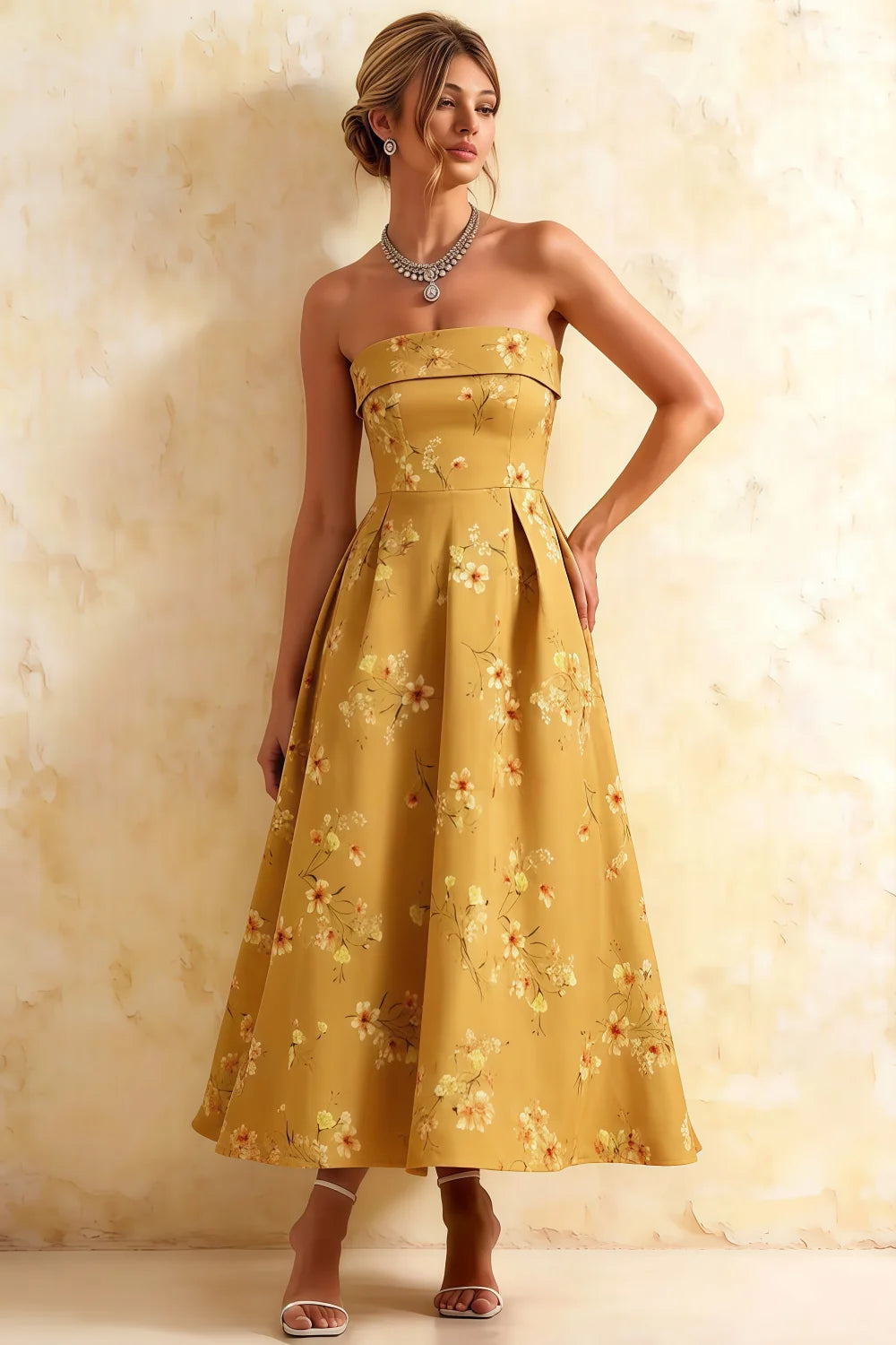 Vestido Midi Sin Tirantes Gwen Floral Amarillo Casual Imagen principal del producto