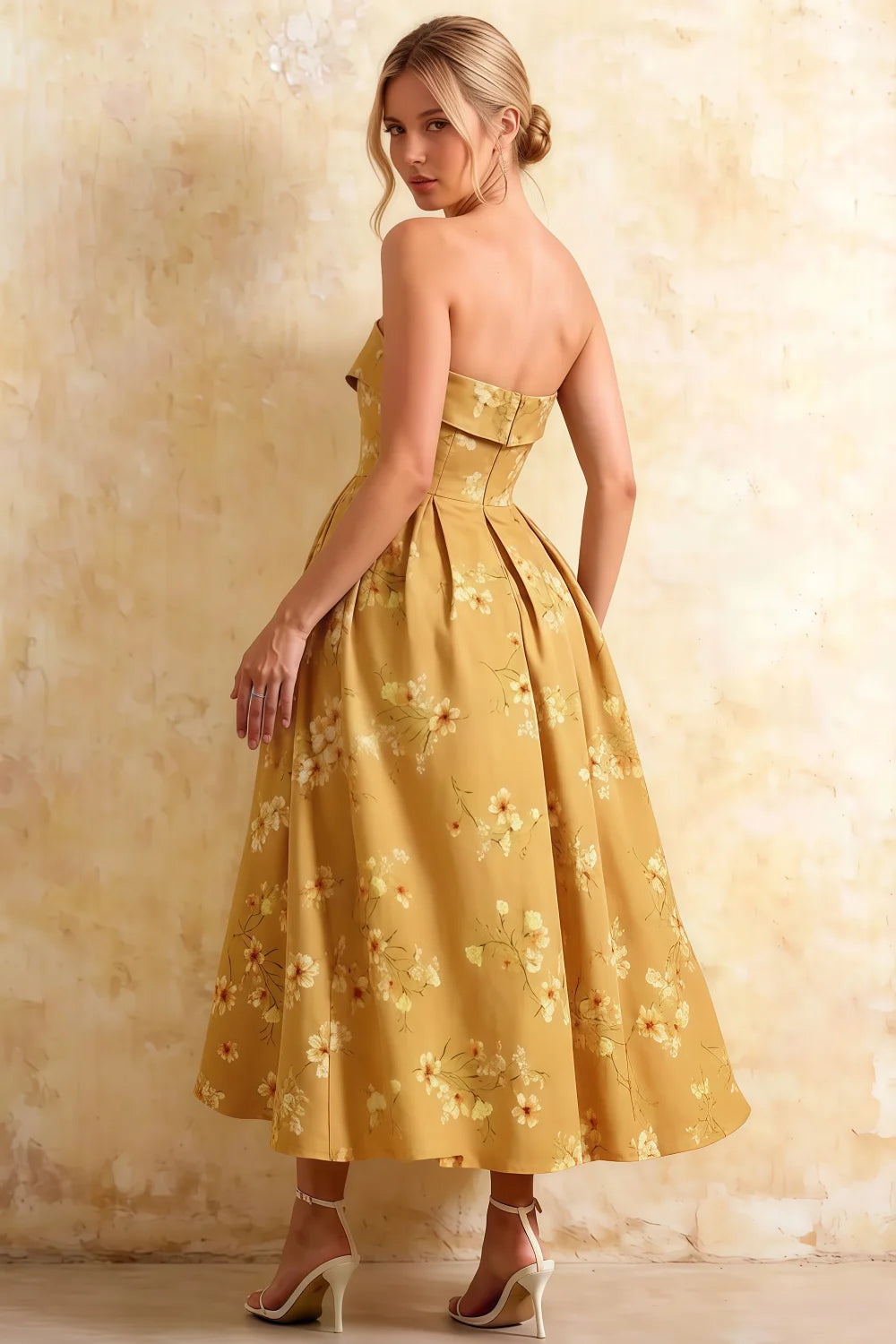 Gwen Yellow Floral Casual Strapless Midi Dress