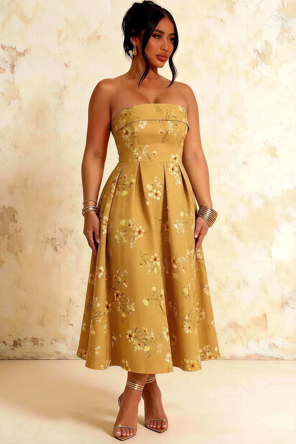 Gwen Yellow Floral Casual Strapless Midi Dress