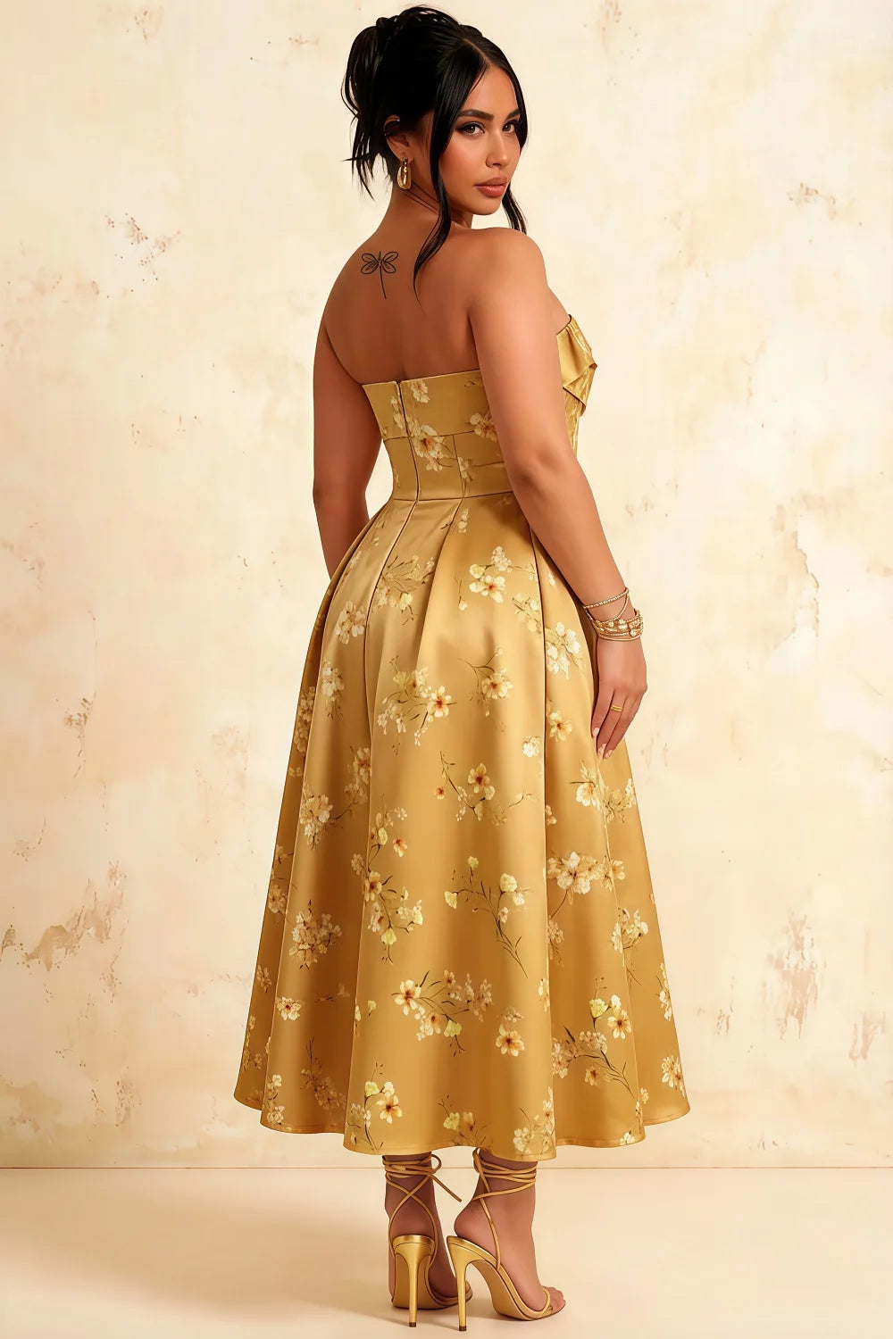 Gwen Yellow Floral Casual Strapless Midi Dress