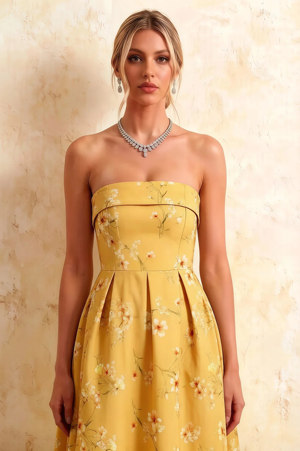 Gwen Yellow Floral Casual Strapless Midi Dress