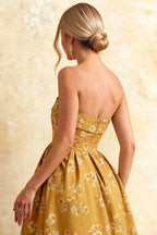 Gwen Yellow Floral Casual Strapless Midi Dress