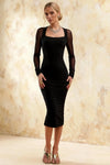 Gwendolyn Black Midi Dress with Sheer Sleeves