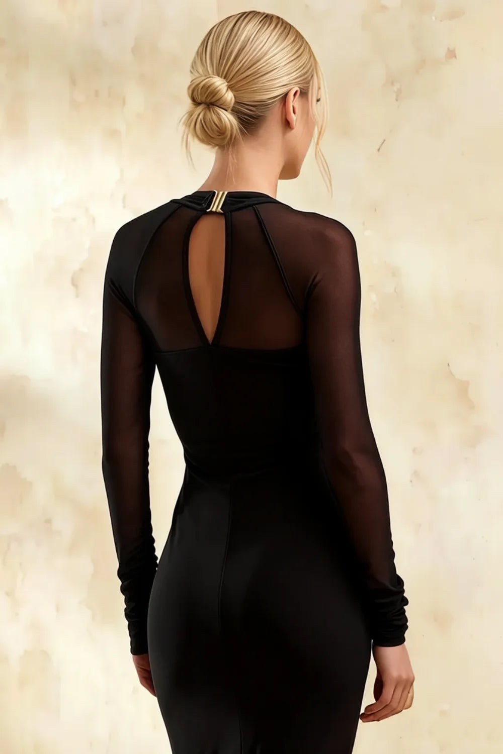 Gwendolyn Black Midi Dress with Sheer Sleeves