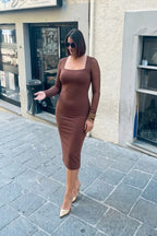 Gwendolyn Brown Mesh Long Sleeve Midi Dress