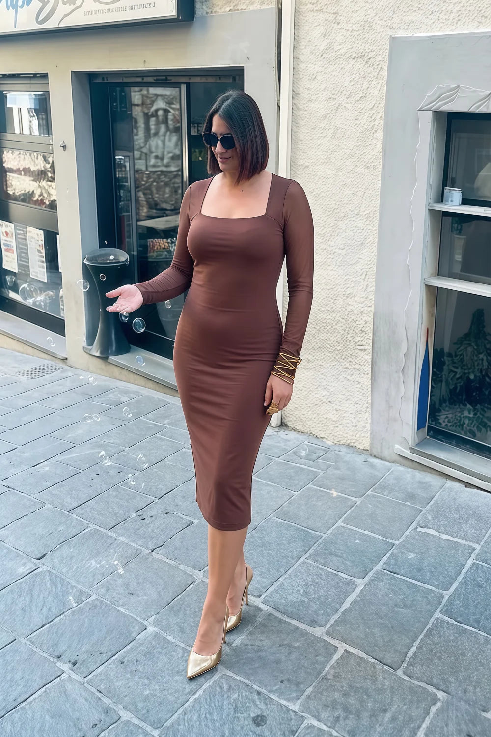 Gwendolyn Brown Mesh Long Sleeve Midi Dress