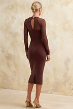 Gwendolyn Brown Mesh Long Sleeve Midi Dress