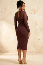 Gwendolyn Brown Mesh Long Sleeve Midi Dress