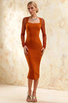 Gwendolyn Burnt Orange Mesh Dress Long Sleeve Midi