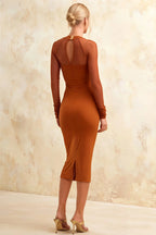 Gwendolyn Burnt Orange Mesh Dress Long Sleeve Midi