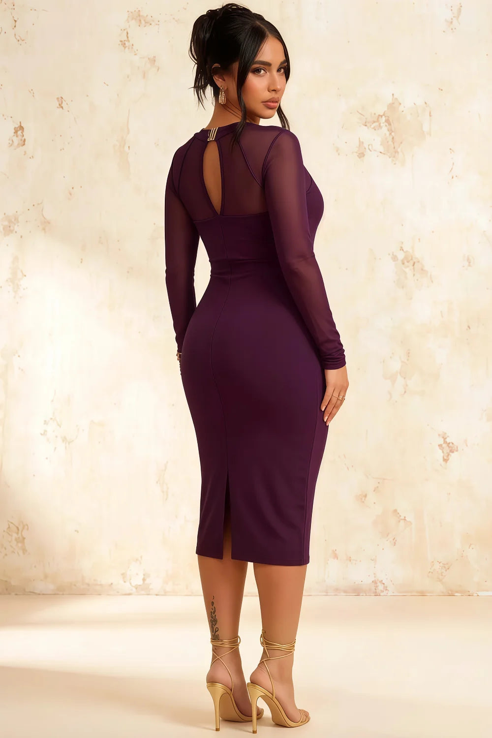 Gwendolyn Grape Formal Midi Dress with Sleeves