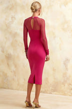 Gwendolyn Hot Pink Midi Cocktail Dresses with Sleeves