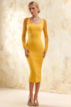 Gwendolyn Lemon Midi Wedding Guest Dress with Sleeves