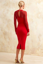 Gwendolyn Red Bodycon Dress Midi with Sleeves