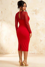 Gwendolyn Red Bodycon Dress Midi with Sleeves