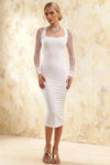 Gwendolyn White Square Neck Midi Dress with Sheer Sleeves